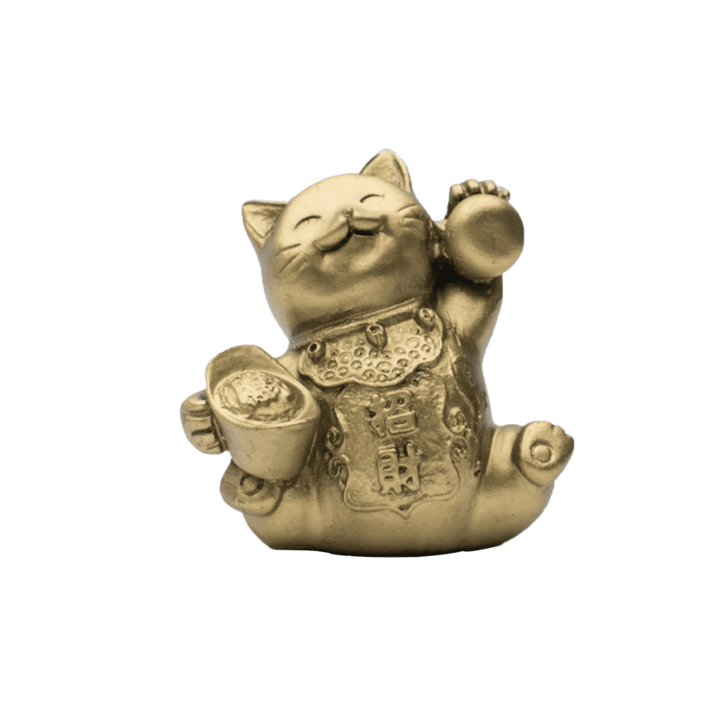 Maneki neko - bronzová mávající kočička velká s ingotem - feng shui