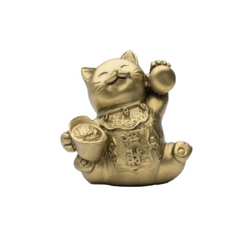 Maneki neko - bronzová mávající kočička velká s ingotem - feng shui