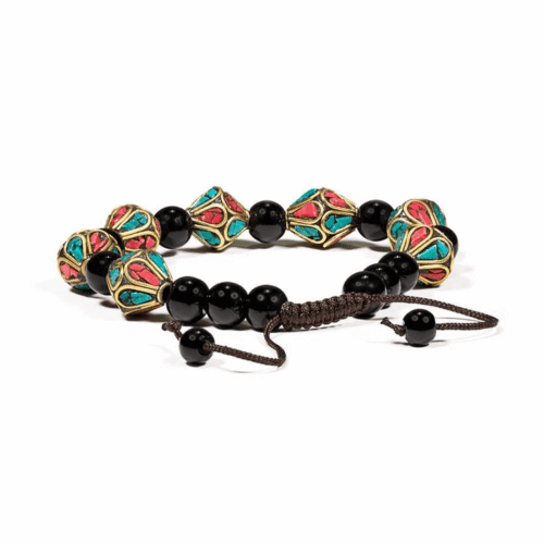 Tyrkys, korál a černý achát - náramek kulička se shamballa zapínánám