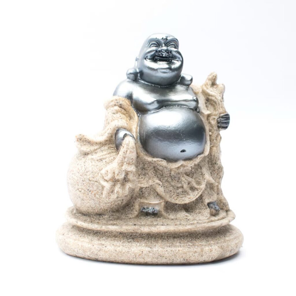 Buddha bohatství - soška Feng shui - písková-stříbrná