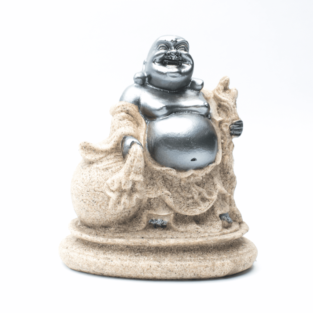 Buddha bohatství - soška Feng shui - písková-stříbrná