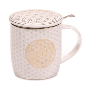 Hrnek s víčkem a sítkem - Květ života - porcelán