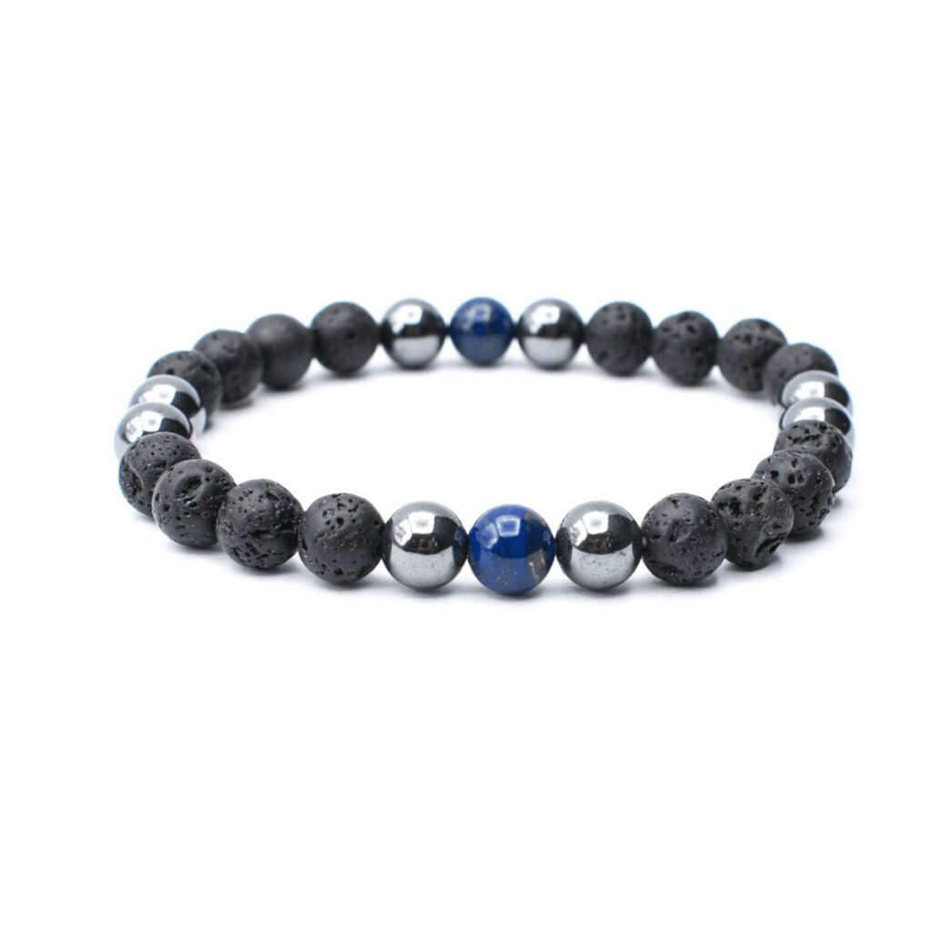 Lávový kámen, hematit a lapis lazuli - náramek pánský kulička