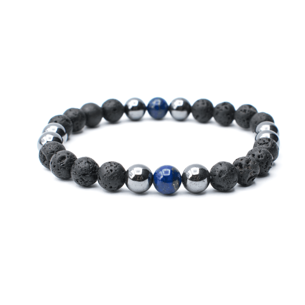Lávový kámen, hematit a lapis lazuli - náramek pánský kulička