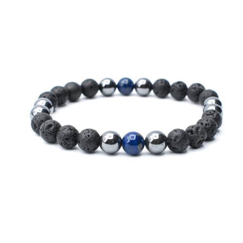 Lávový kámen, hematit a lapis lazuli - náramek pánský kulička