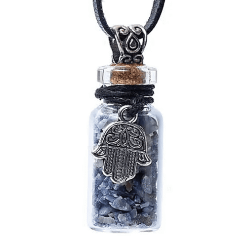 Lapis Lazuli - kamínky v lahvičce s přívěskem hamsa - přívěsek