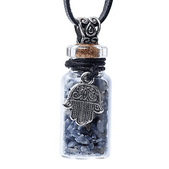 Lapis Lazuli - kamínky v lahvičce s přívěskem hamsa - přívěsek