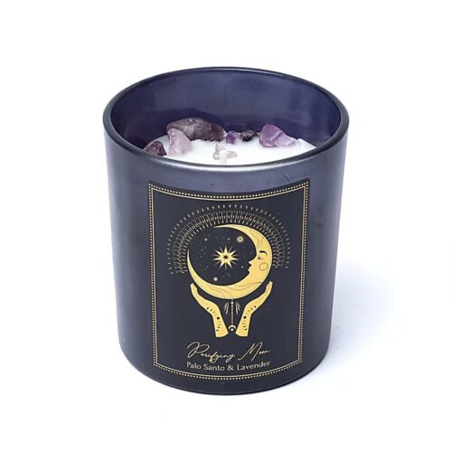 Purifying Moon (Očistný měsíc) - palo santo a levandule - Manifestační svíčka s ametystem