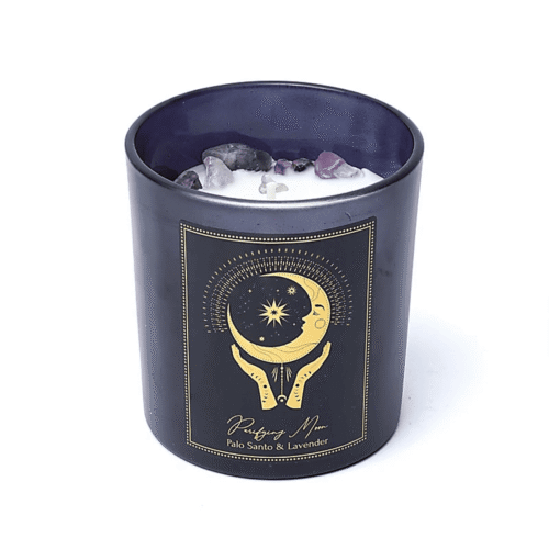 Purifying Moon (Očistný měsíc) - palo santo a levandule - Manifestační svíčka s ametystem