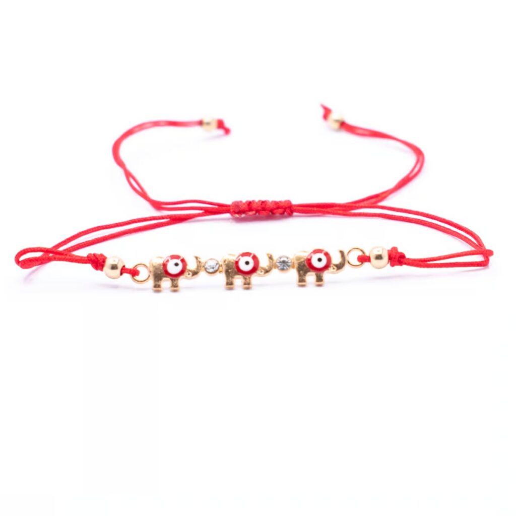 Alláhovo oko (Evil Eye) - sloni - červený náramek se shamballa zapínáním