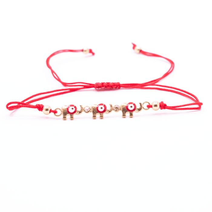 Alláhovo oko (Evil Eye) - sloni - červený náramek se shamballa zapínáním