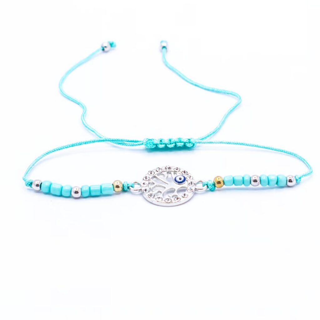 Strom života a alláhovo oko (Evil Eye) - tyrkysový náramek se shamballa zapínáním AL12