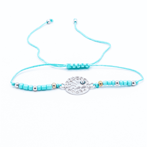 Strom života a alláhovo oko (Evil Eye) - tyrkysový náramek se shamballa zapínáním AL12