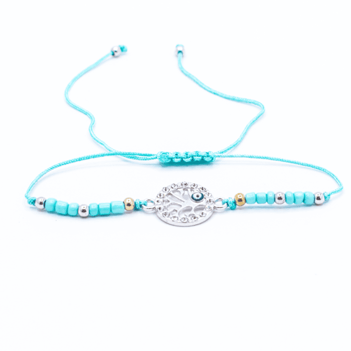 Strom života a alláhovo oko (Evil Eye) - tyrkysový náramek se shamballa zapínáním AL12