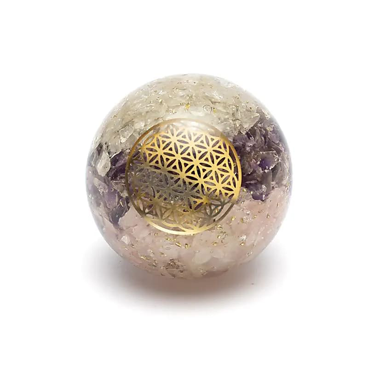 Orgonit - Ametyst, křišťál a růženín - koule - Květ života