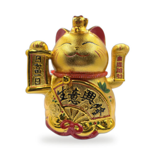 Zlatá mávající kočička Maneki neko s cedulkami